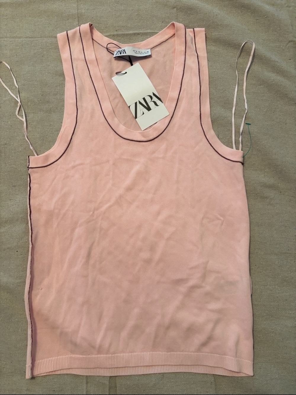 Zara Soft Pink Knit Tank Top with Contrast Piping M